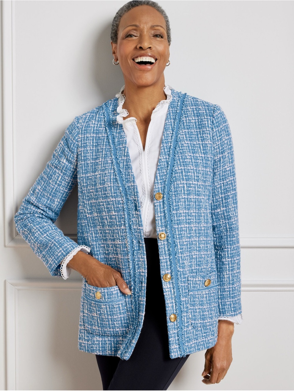 Talbots Blue Tweed Open-Front Jacket with Gold Buttons